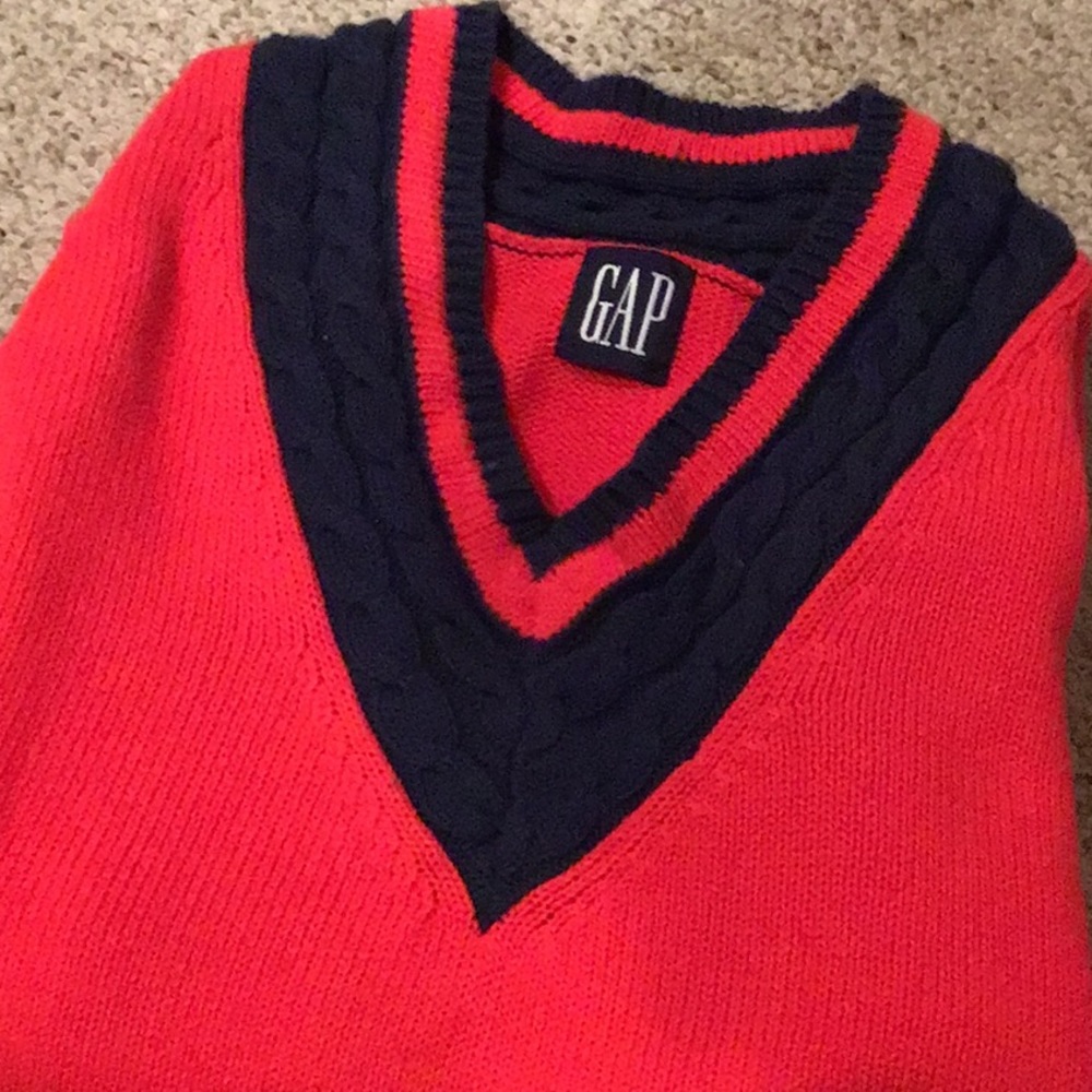 GAP Red Sweater with Navy V-Neck Trim